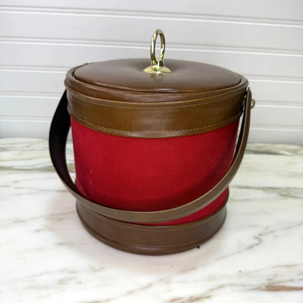 Vintage Ice Bucket Red Fabric Brown Vinyl Mid Century Barware 70s